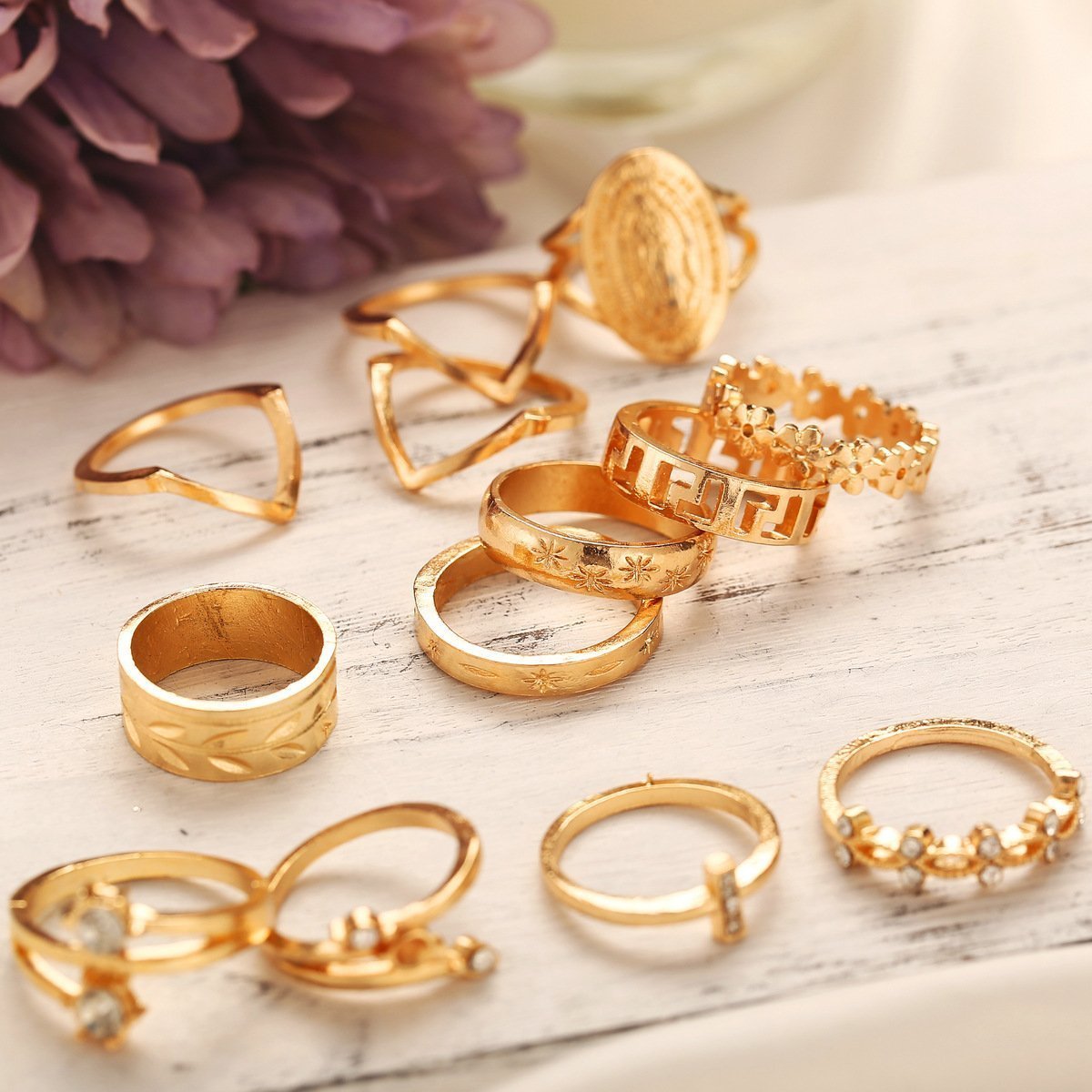 13 Piece Medallion Ring Set With Austrian Crystals 18K Gold Plated Ring ITALY Design - Positive Promises SLM