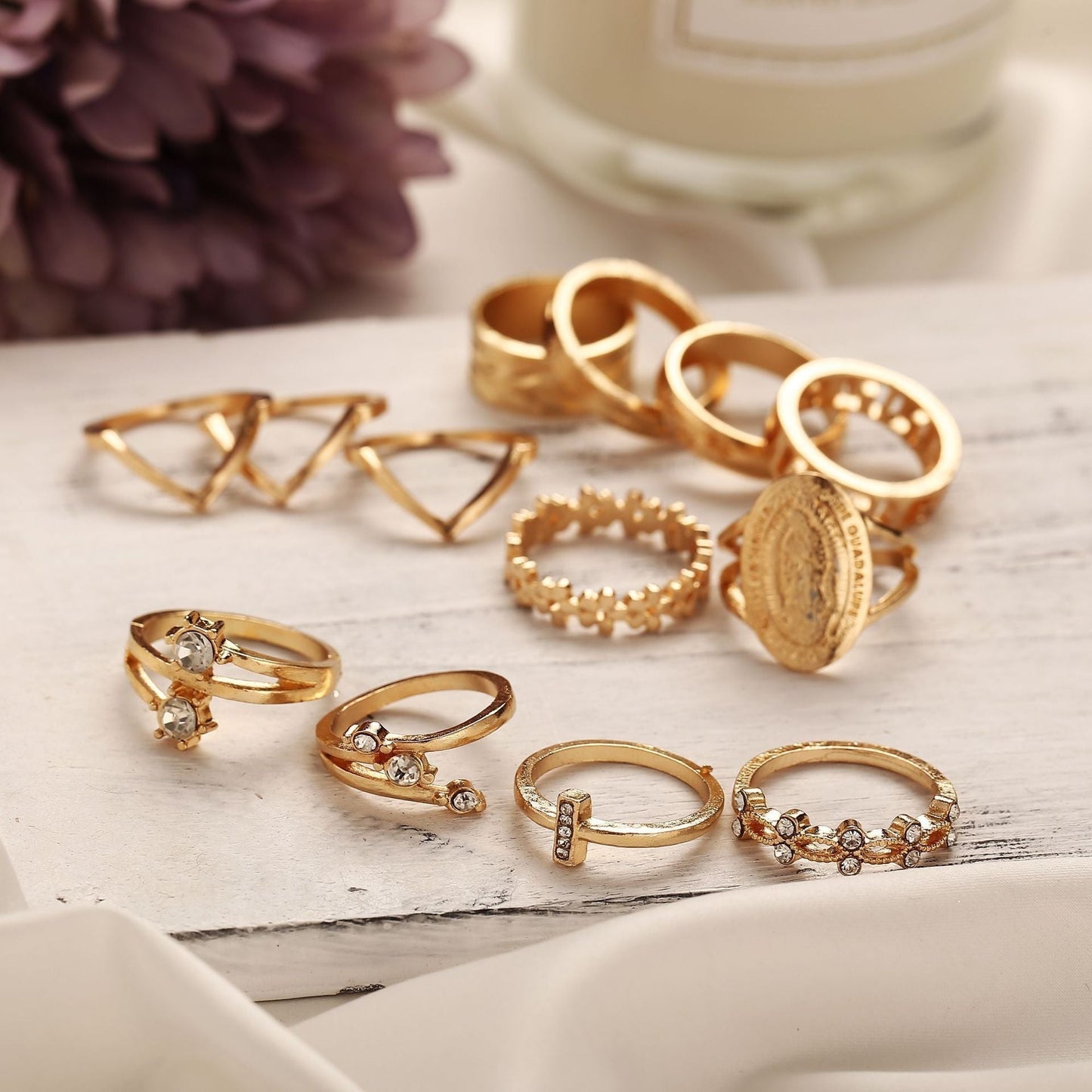 13 Piece Medallion Ring Set With Austrian Crystals 18K Gold Plated Ring ITALY Design - Positive Promises SLM